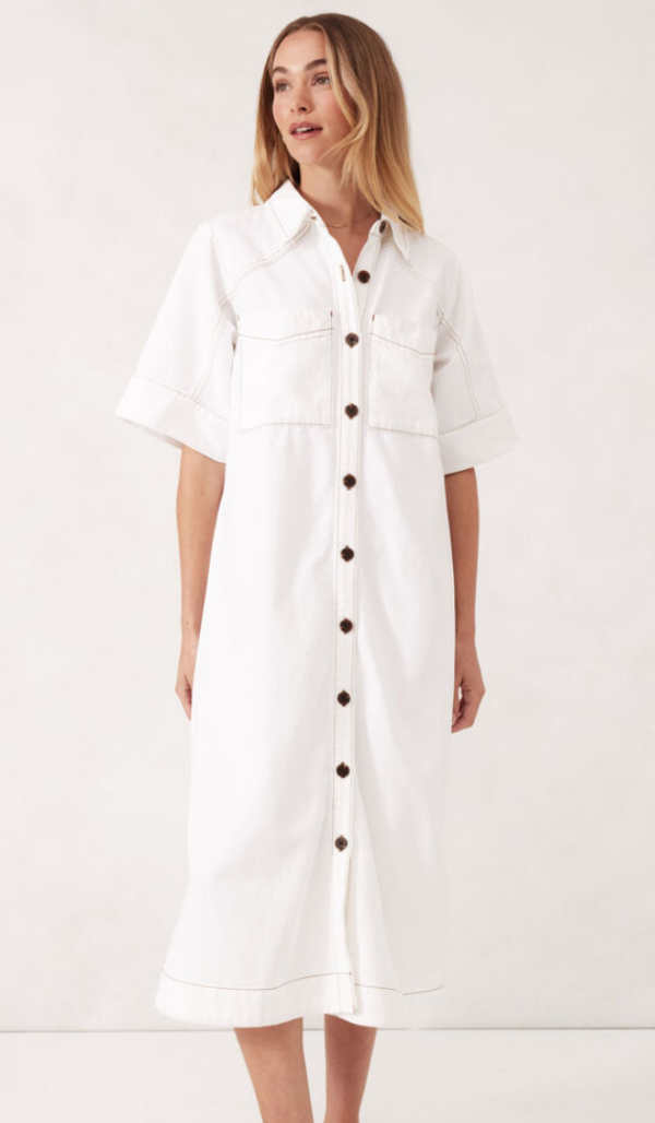 Short Sleeve Yoke Detail Midi Dress- Fresh Ecru Twill