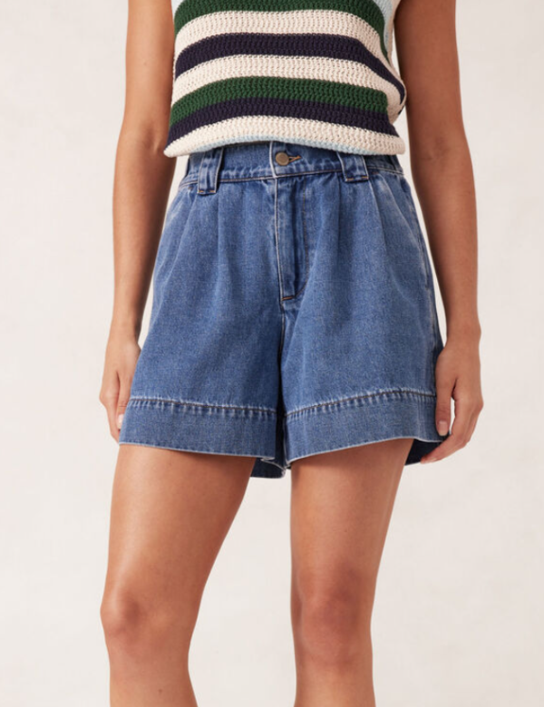 Pleat Front Short - Washed Indigo