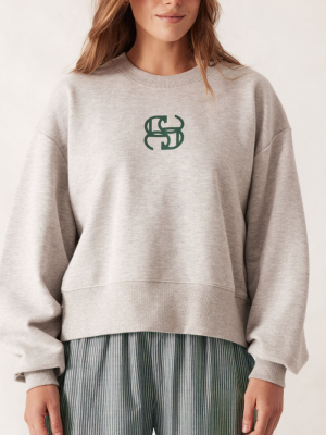 Cropped Slouchy Crew Grey Marle Pine Green Logo