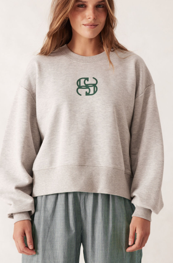 Cropped Slouchy Crew Grey Marle Pine Green Logo