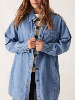 Longline Panelled Denim Shirt Mid Vintage Blue