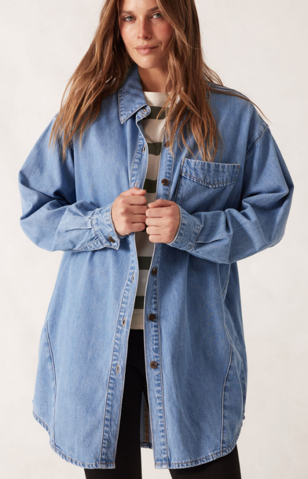 Longline Panelled Denim Shirt Mid Vintage Blue