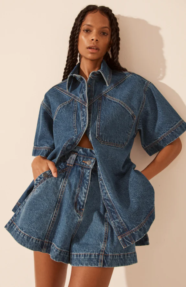 Raquel High Waisted Flared Short - Vintage Blue