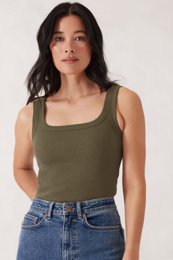 Contour Rib Square Neck Tank - Soft Olive