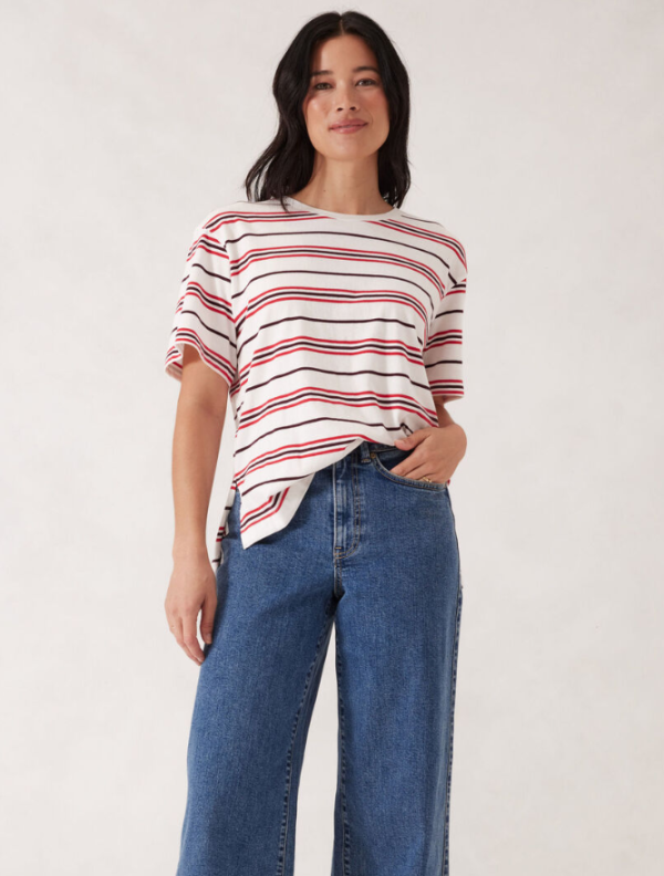 Slouchy Split Hem Tee - Berry Red Stripe