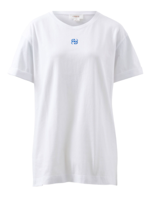 Longline Step Hem Tee WhiteAzure Blue Embroidery