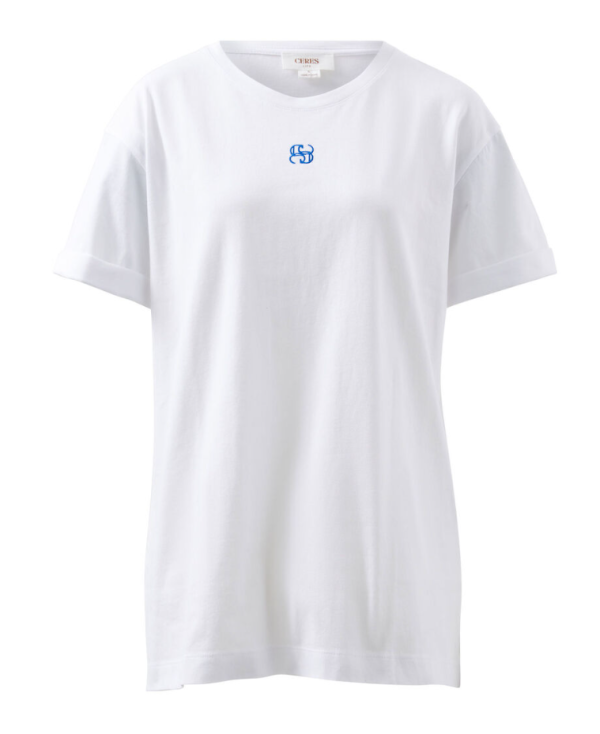 Longline Step Hem Tee WhiteAzure Blue Embroidery