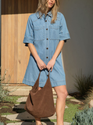 Short Sleeve Yoke Detail Mini Dress Vintage Blue