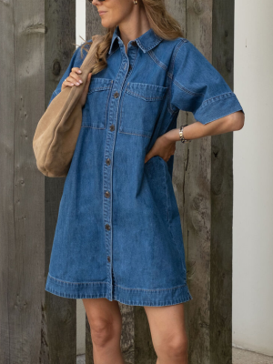 Short Sleeve Yoke Detail Mini Dress Fresh Indigo