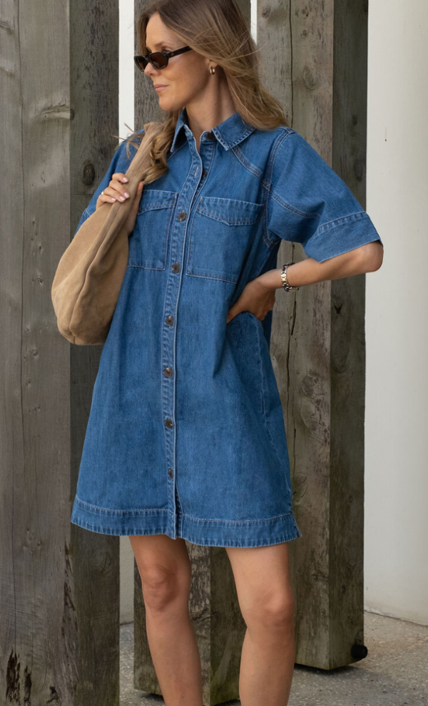 Short Sleeve Yoke Detail Mini Dress Fresh Indigo