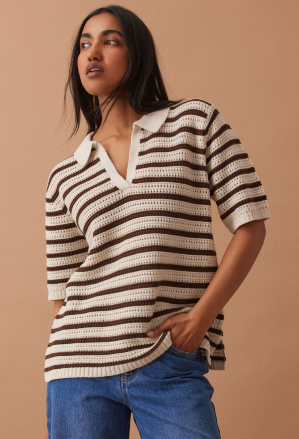 Molly Textured Stripe Short Sleeve Knit Choc Stripe