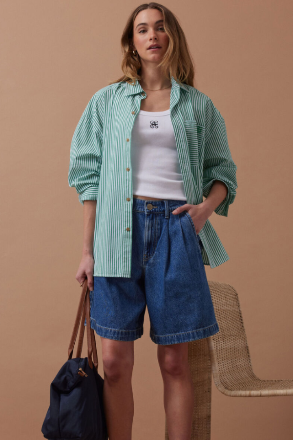 Longline Pleat Denim Short Fresh Indigo