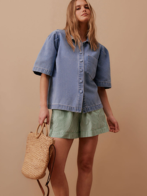 Dylan Pleat Sleeve Denim Shirt Vintage Blue