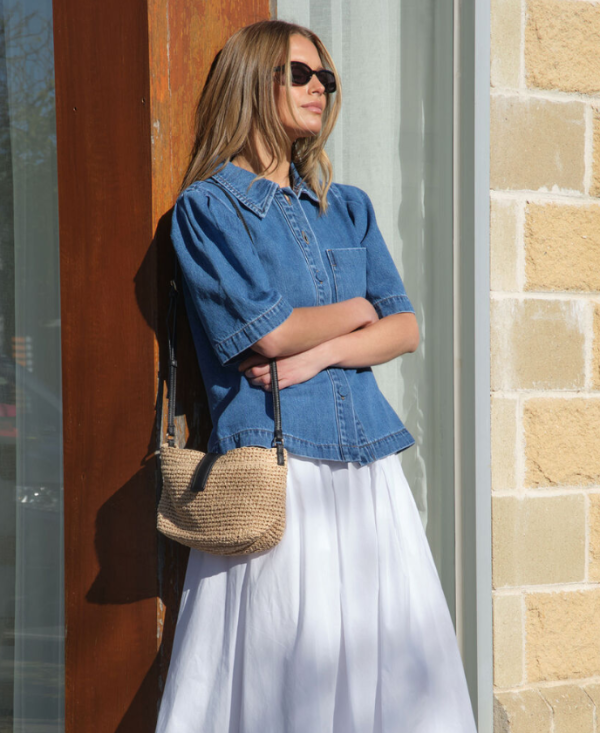 Dylan Pleat Sleeve Denim Shirt Fresh Indigo