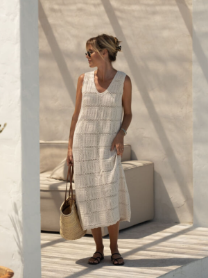 Square Knit Midi Tank Dress Ecru