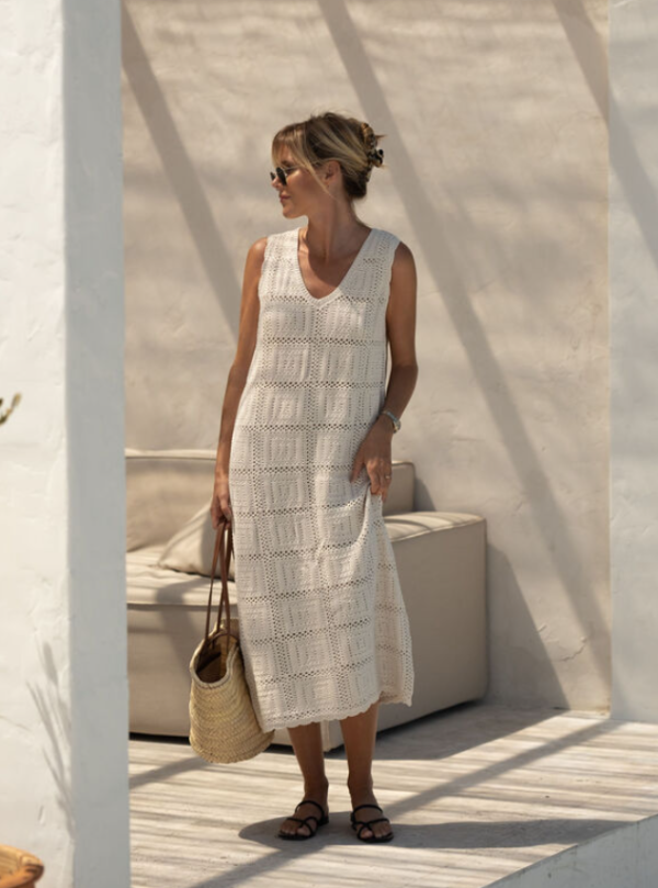 Square Knit Midi Tank Dress Ecru