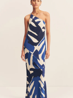 Silk One Shoulder Maxi Dress - Navy Multi
