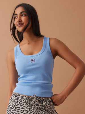Zoe Contour Rib Scoop Tank Powder BlueMonogram Embroidery