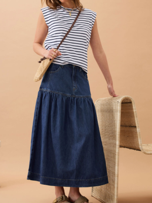 Drop Waist Denim Midi Skirt - Caspian Blue