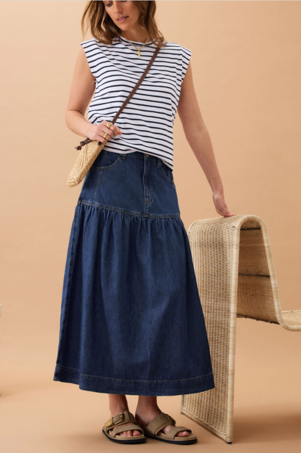 Drop Waist Denim Midi Skirt - Caspian Blue