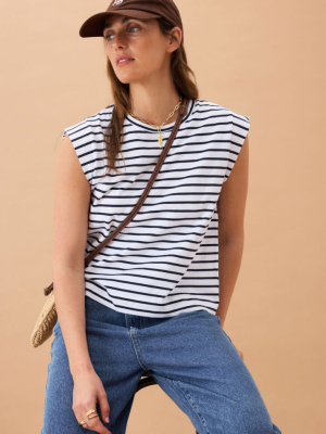 Extended Shoulder Tee Whjite/French Navy Stripe