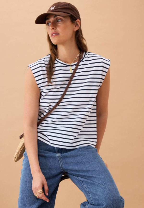 Extended Shoulder Tee Whjite/French Navy Stripe