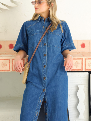 Short Sleeve Yoke Midi Dress Fresh Indigo