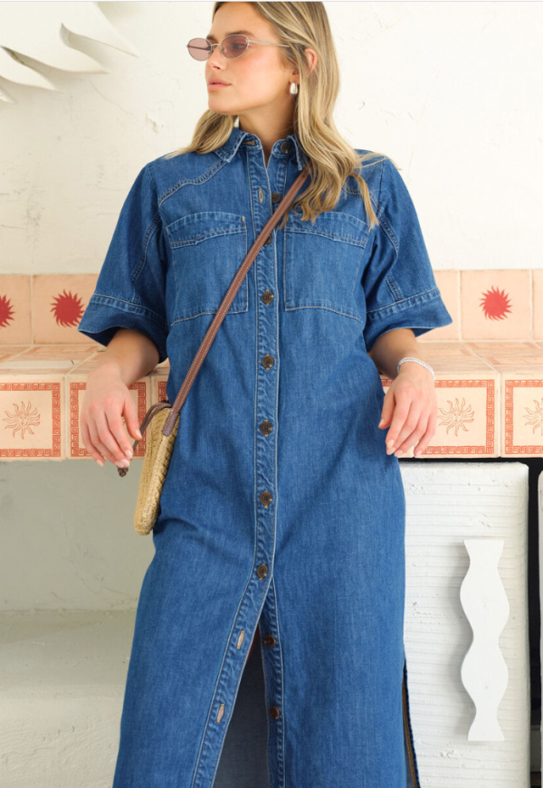 Short Sleeve Yoke Midi Dress Fresh Indigo