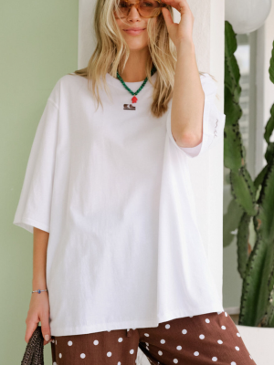 Liv Oversized Tee White/Choc Embroidery