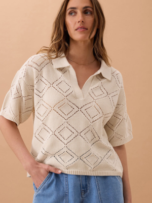 Demi Diamond Knit Collard Tee Ecru