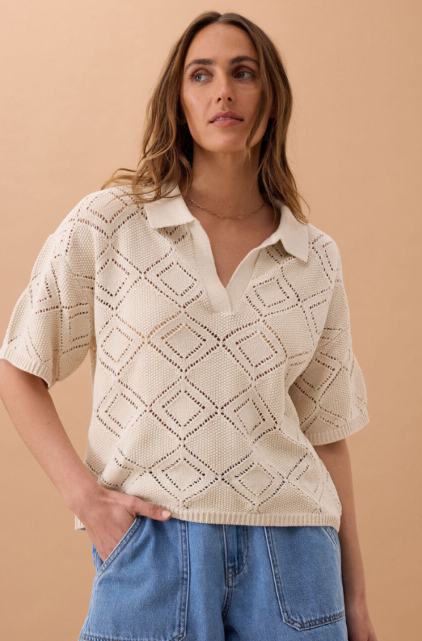 Demi Diamond Knit Collard Tee Ecru