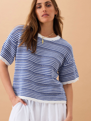Nina Boxy Knit Tee Summer Blue Stripe