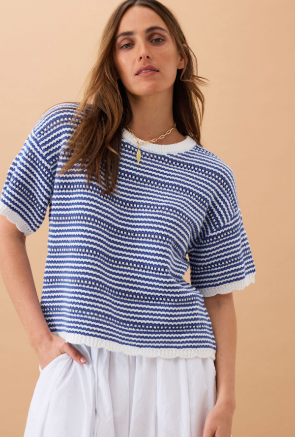 Nina Boxy Knit Tee Summer Blue Stripe