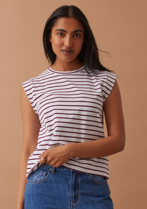 Extended Shoulder Tee White/Pomegranate Stripe