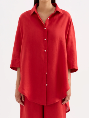 Lounge Linen Longline Shirt - Vermillion