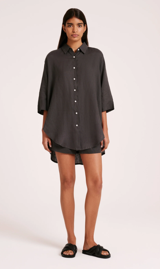 Lounge Linen Longline Shirt - Coal