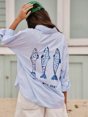 Miya Beach Shirt Blue Stripe Fish