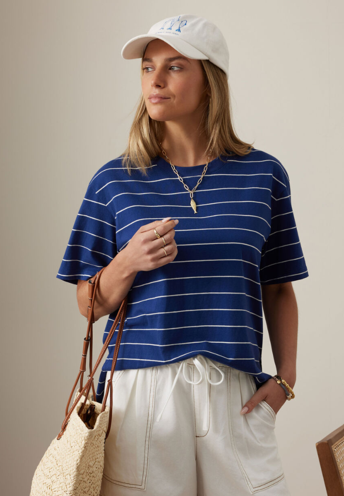 Stevie Slouchy Tee Prussian Blue Milk Stripe