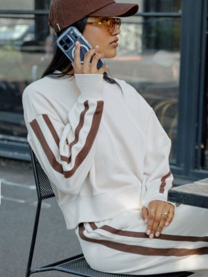Sasha Sporty Slouchy Crew Buff Chocolate Side Stripe