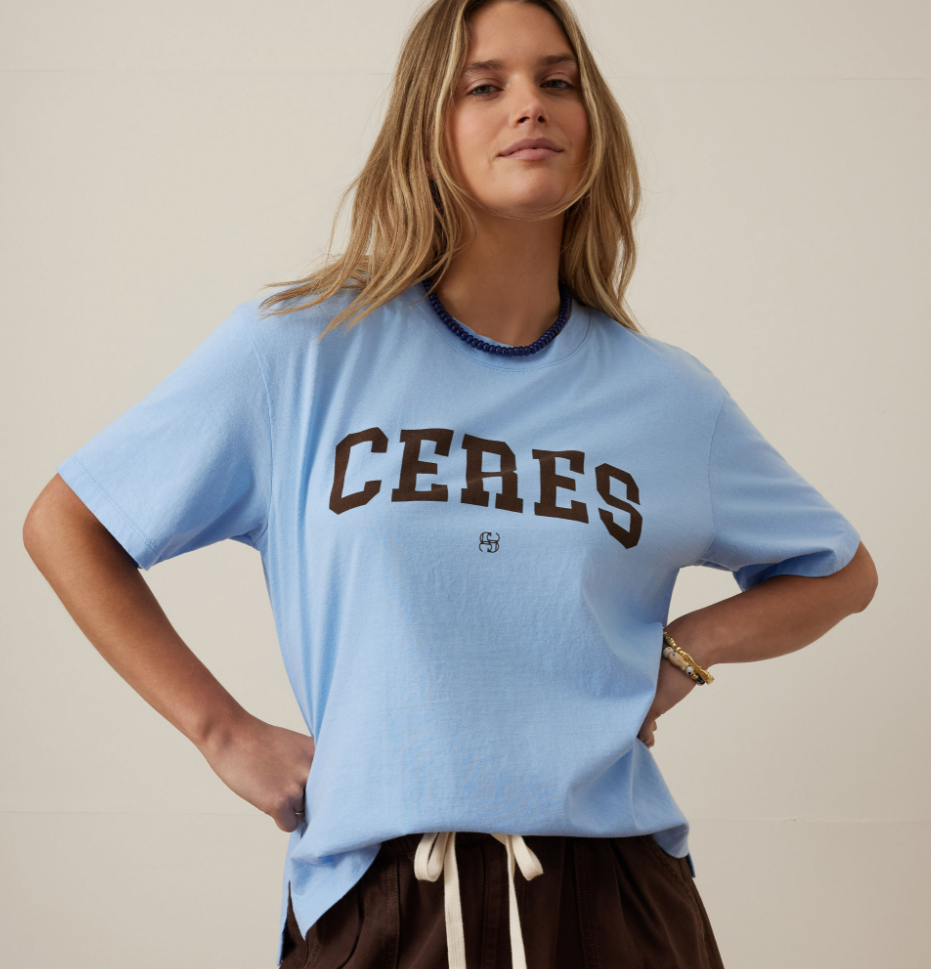 Stevie Slouchy Tee Powder Blue Chocolate Varsity