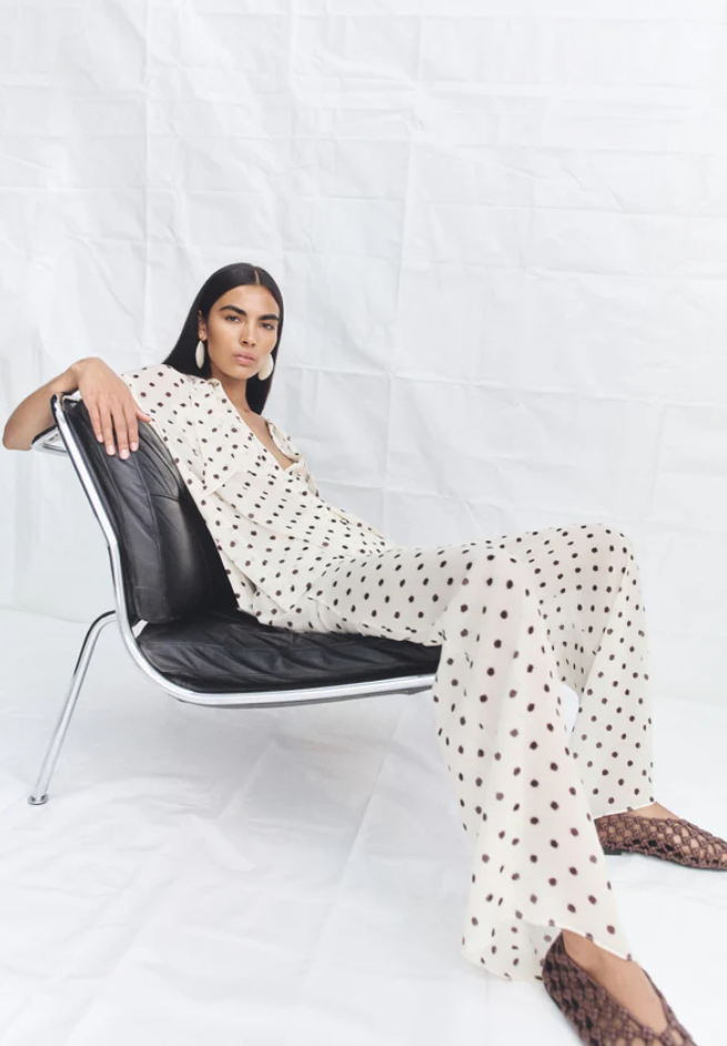 Side Split Short Sleeve Shirt Blanc Polka