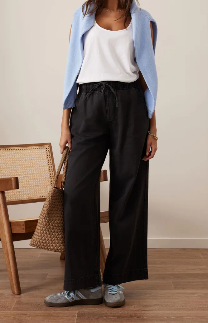 Andie Wide Leg Drawstring Pant Washed Black