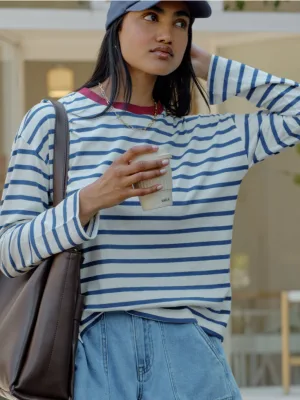 Scout Slouchy Long Sleeve Tee Milk Prussian Blue Stripe