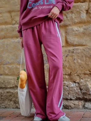 Gigi Wide Leg Terry Trackpant Washed Burgundy Sky Blue Side Stripe