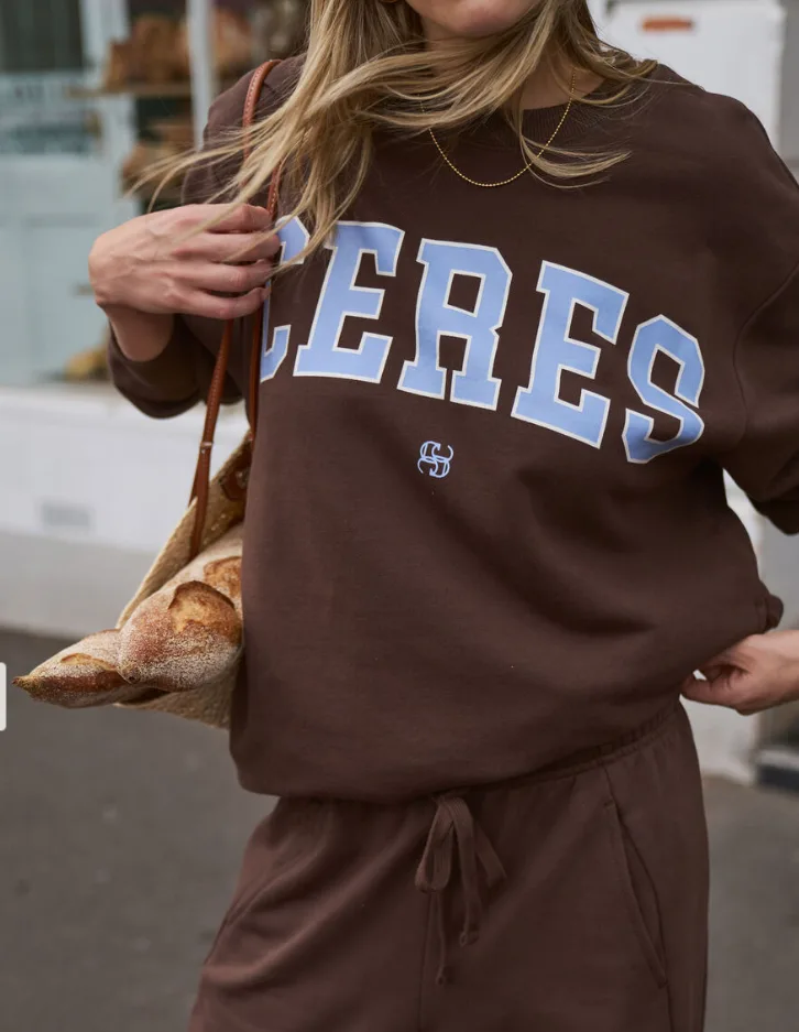 Isla Oversized Slouchy Crew Brunette Brown Buff Sky Blue Heritage Logo