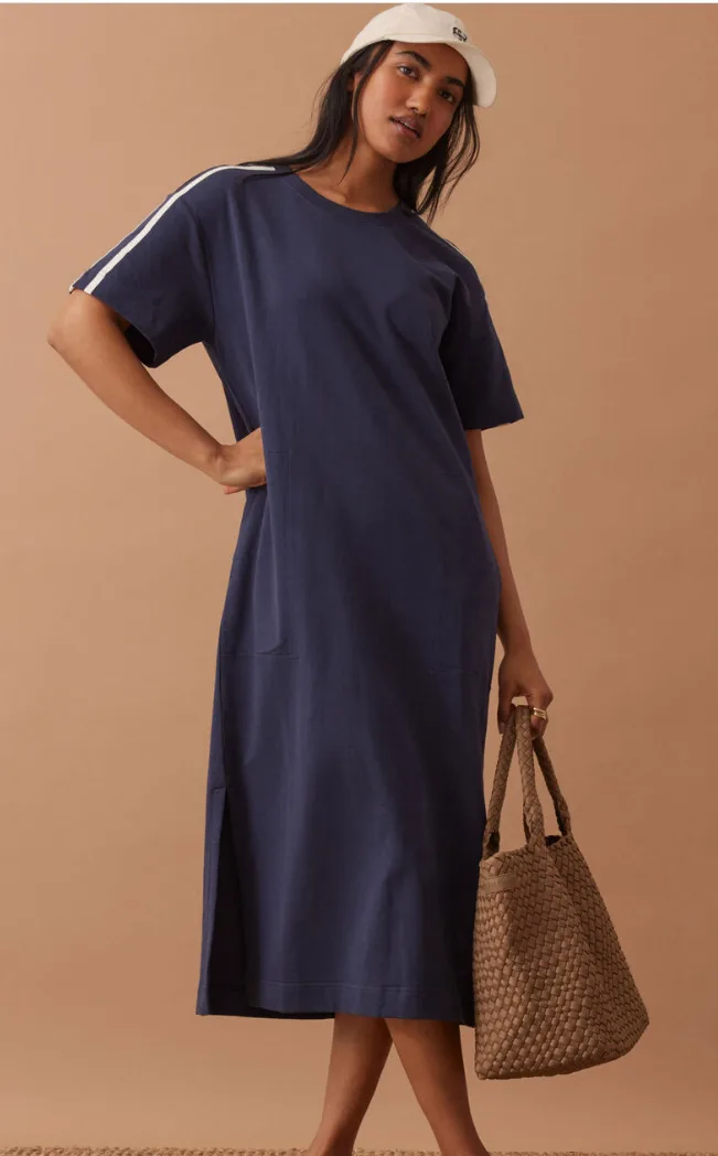 Charlotte Midi Terry Dress Navy Side Stripe