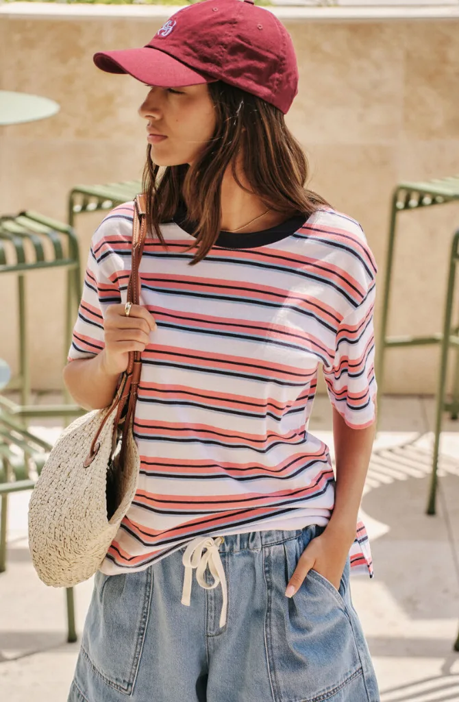 Stevie Slouchy Tee Washed Coral New Navy Stripe