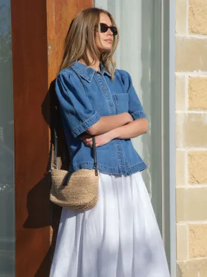 Dylan Pleat Sleeve Denim Shirt Fresh Indigo