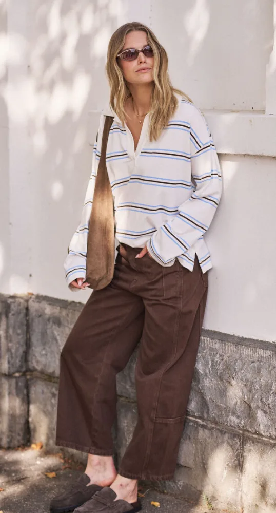 Shelby Slouchy Rugby Top Vanilla Brunette Brown Stripe