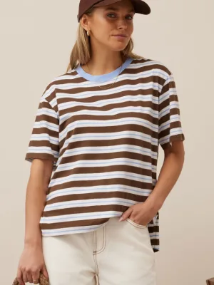 Stevie Slouchy Tee Cocoa Sky Blue Stripe